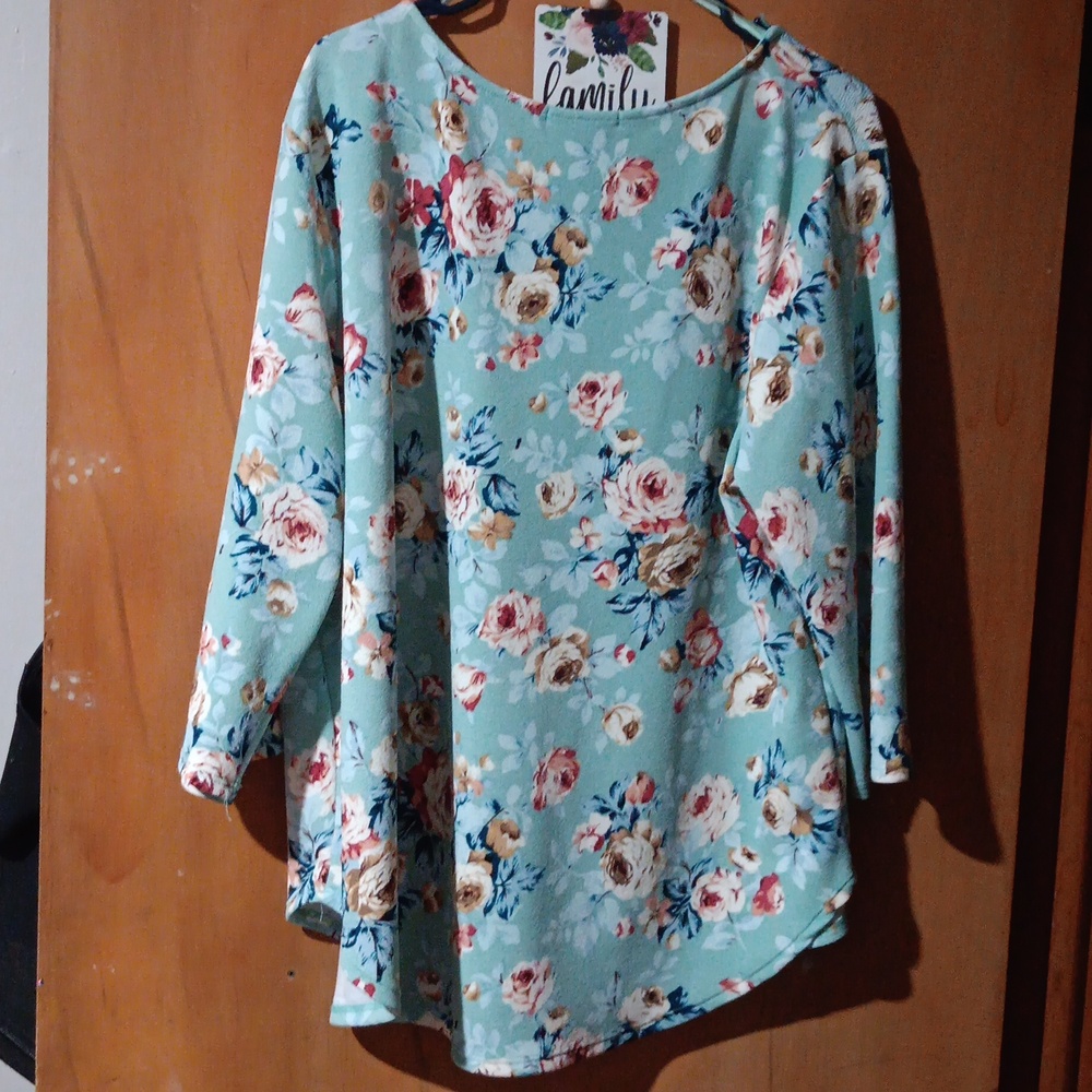 Green Envelope Floral Long Sleeve Top - Mint and Pink